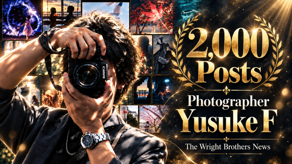 Photographer Yusuke Fがカメラを構える姿と、16作品を組み合わせたライト兄弟ニュース2000回投稿記念サムネイル
