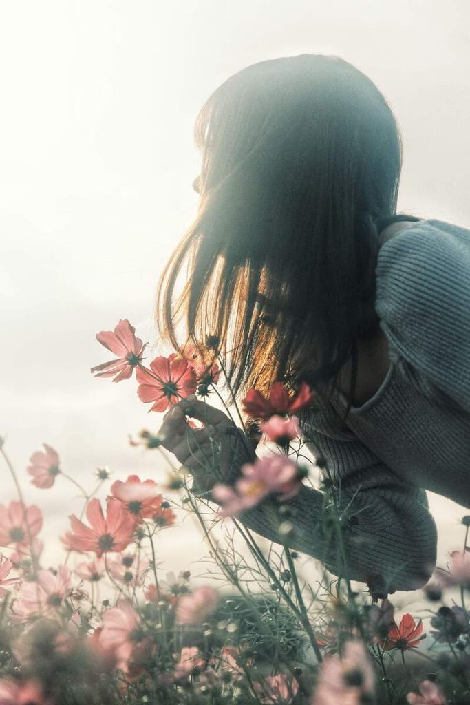 Jeune femme vue de dos au milieu de fleurs roses, baignée par une lumière douce.